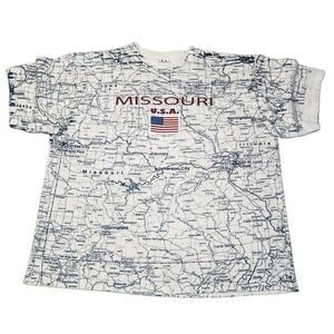 Vintage 90s Tee Jays Missouri Map T Shirt XL Route 66 AOP Made USA
